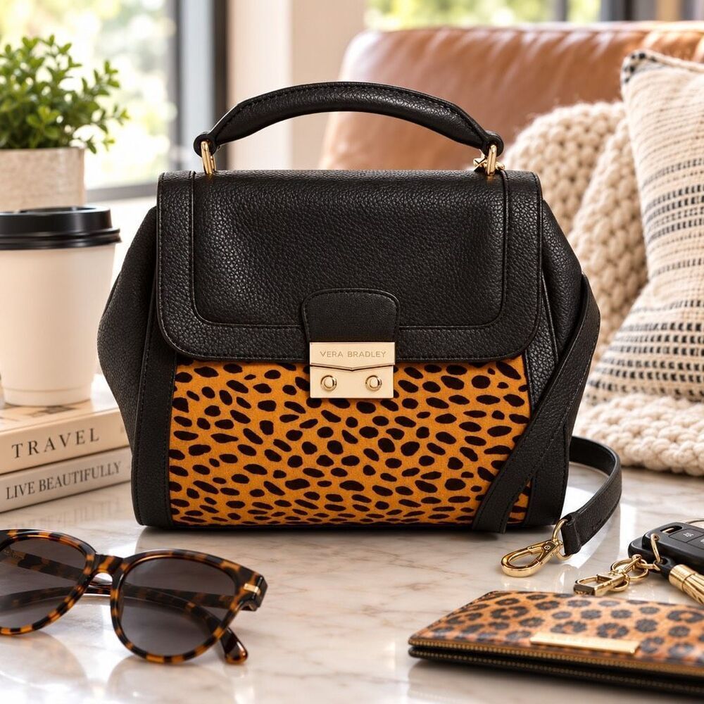 Vera Bradley Stella Mini Satchel Women's Leather Cheetah Black Shoulder Bag